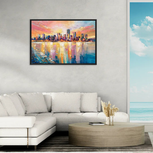 Boston Harbor Sunrise - Living Room Black Frame Canvas