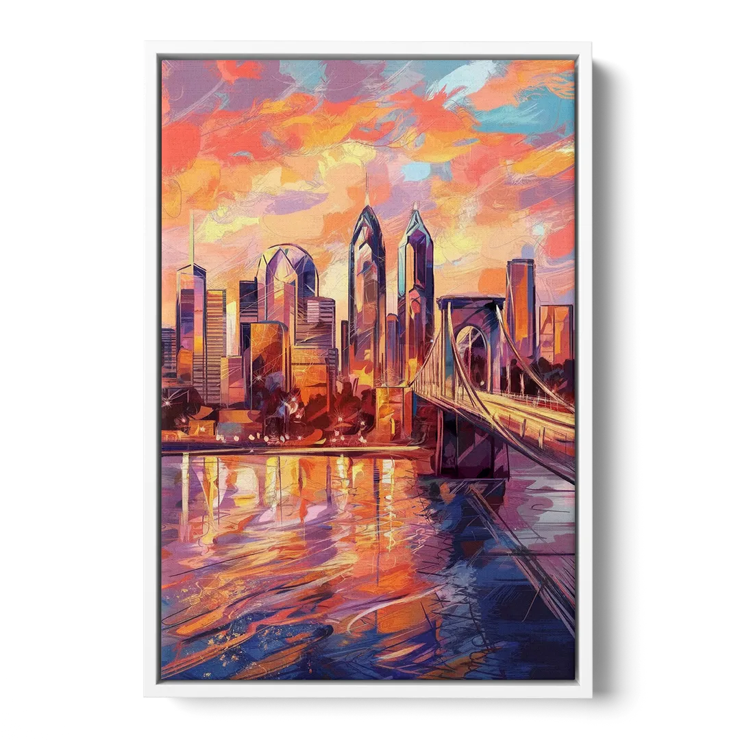Philadelphia Skyline at Sunset - White Frame Canvas
