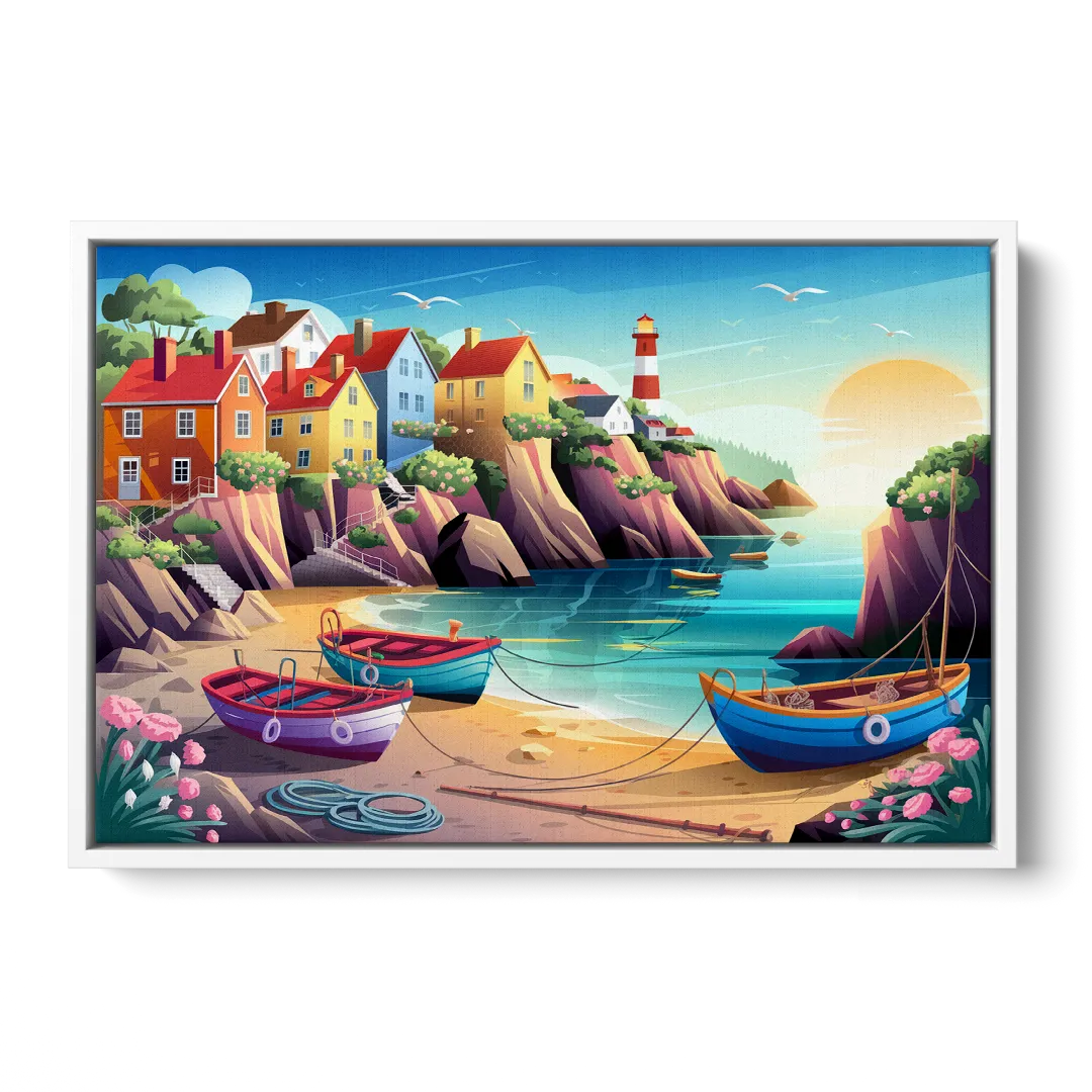 Seaside Fishing Village - White Frame Canvas
