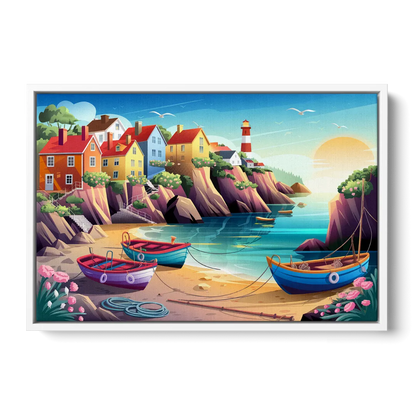 Seaside Fishing Village - White Frame Canvas