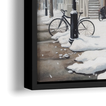 Montreal Snowy Streets - Close-Up Black Frame Canvas