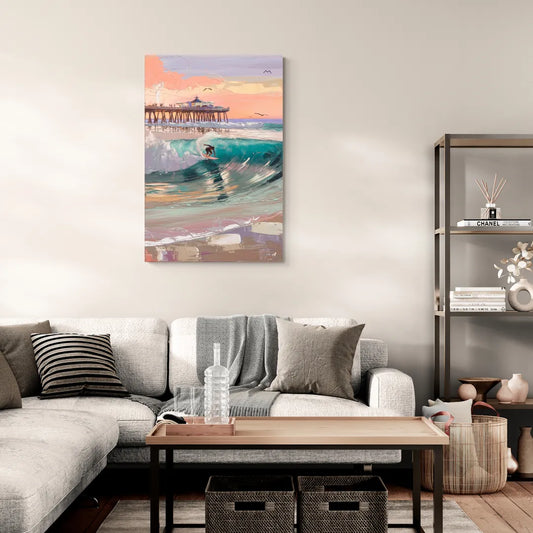 Huntington Beach Surfing Scene - Canvas Wall Art Living Room