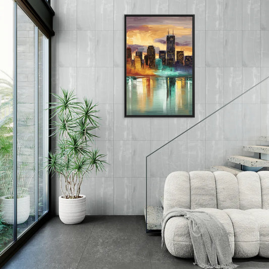 Grand Rapids Cityscape Reflections - Living Room Black Frame Canvas