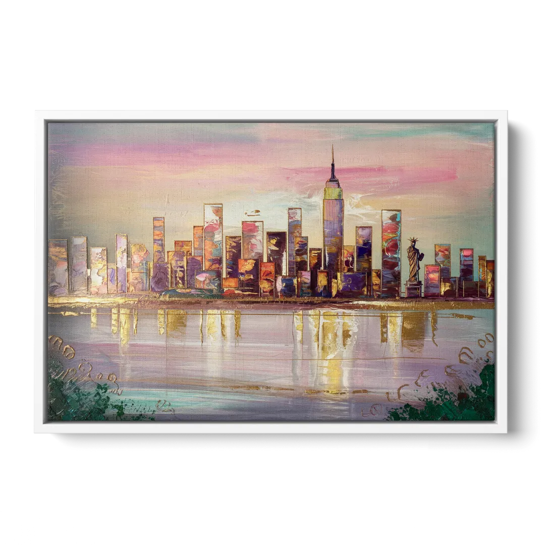 New York City Downtown Skyline - White Frame Canvas