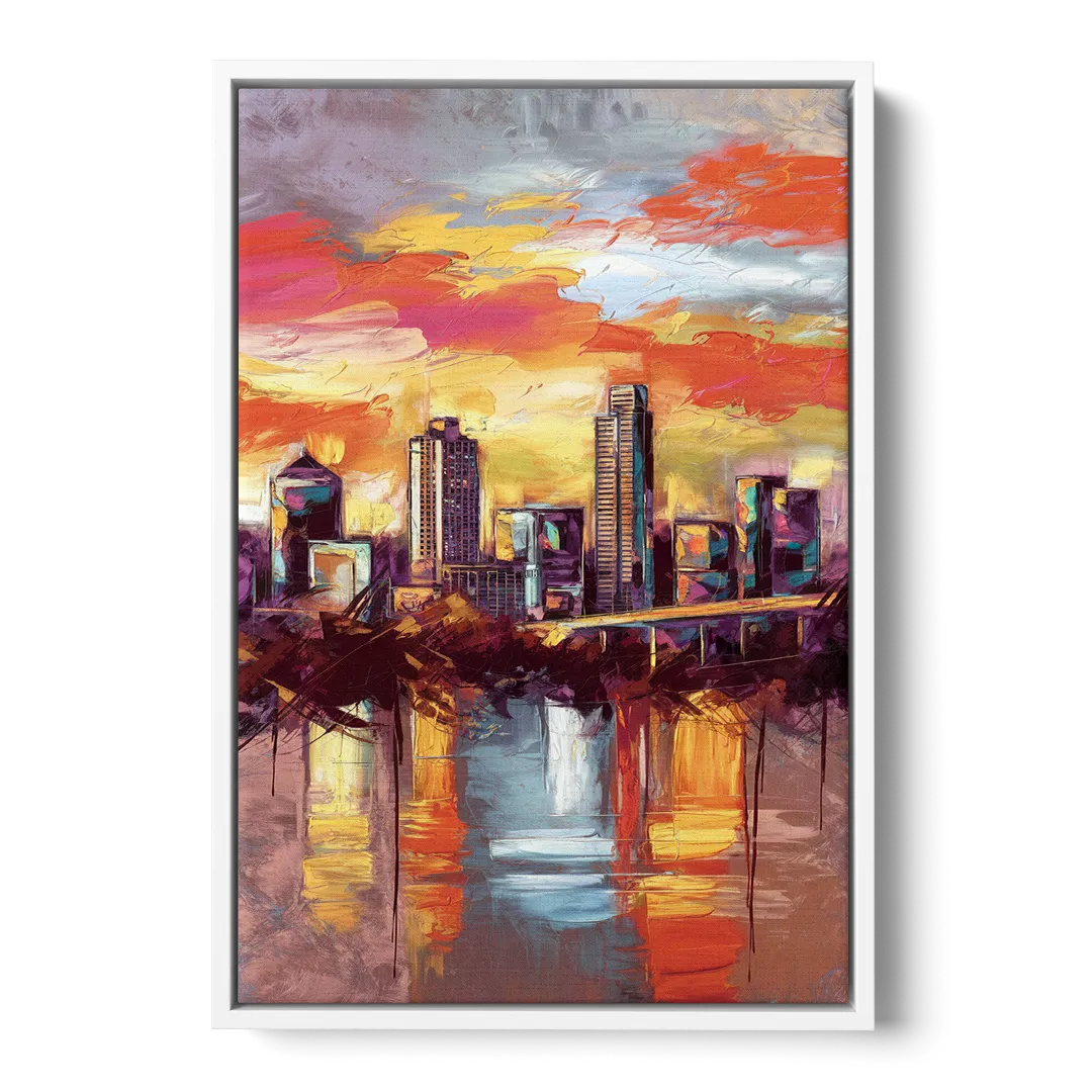 Austin Sunset Over Skyline - White Frame Canvas