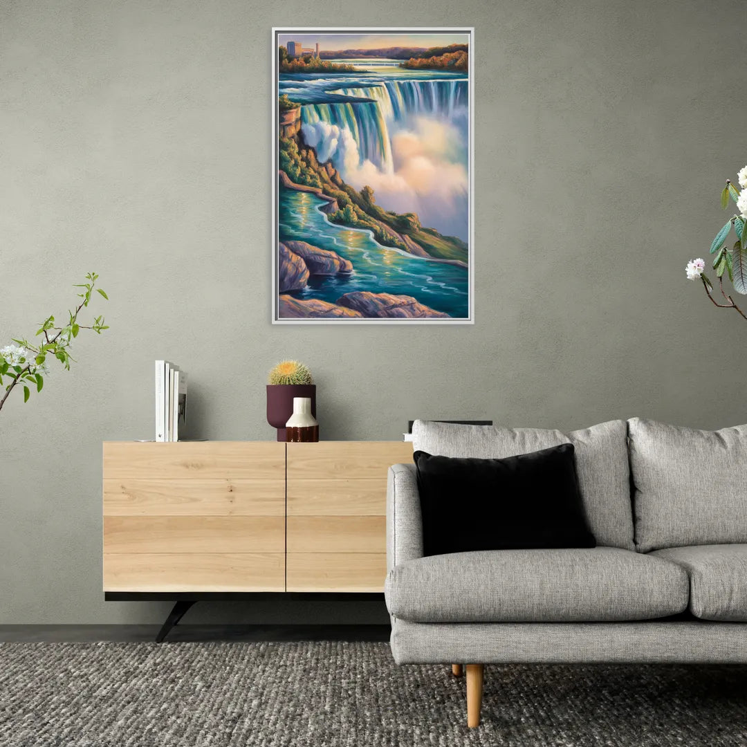 Niagara Falls Water Mist - Living Room White Frame Canvas