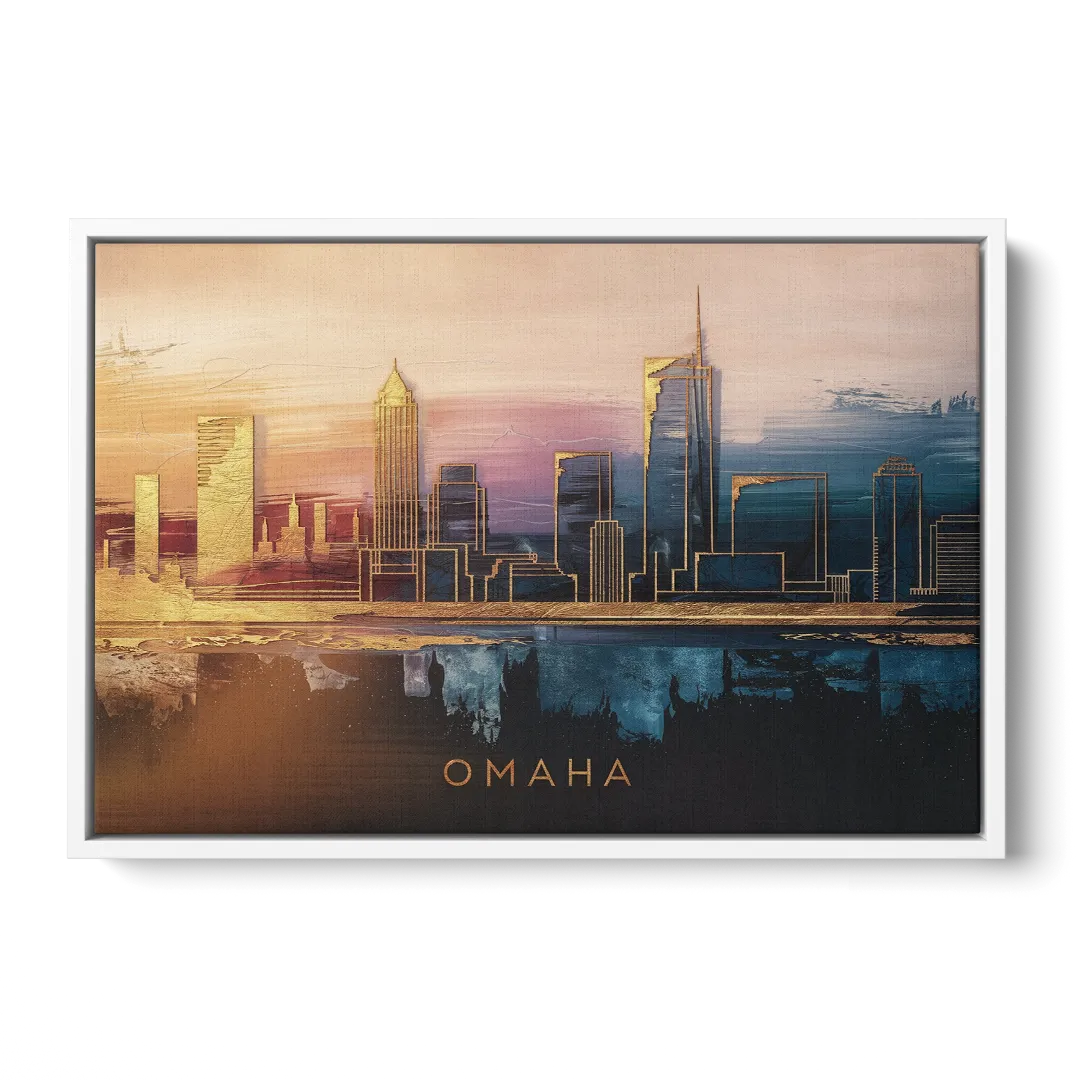 Omaha City Skyline - White Frame Canvas