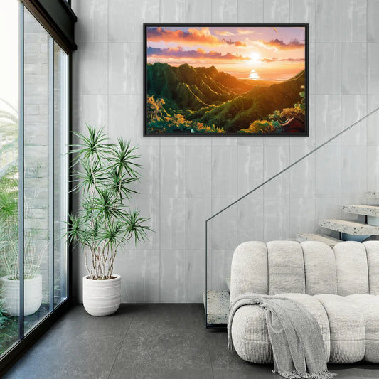 Honolulu Sunset Over Mountains - Living Room Black Frame Canvas