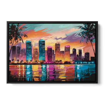 Miami Urban Sunset Glow - Black Frame Canvas