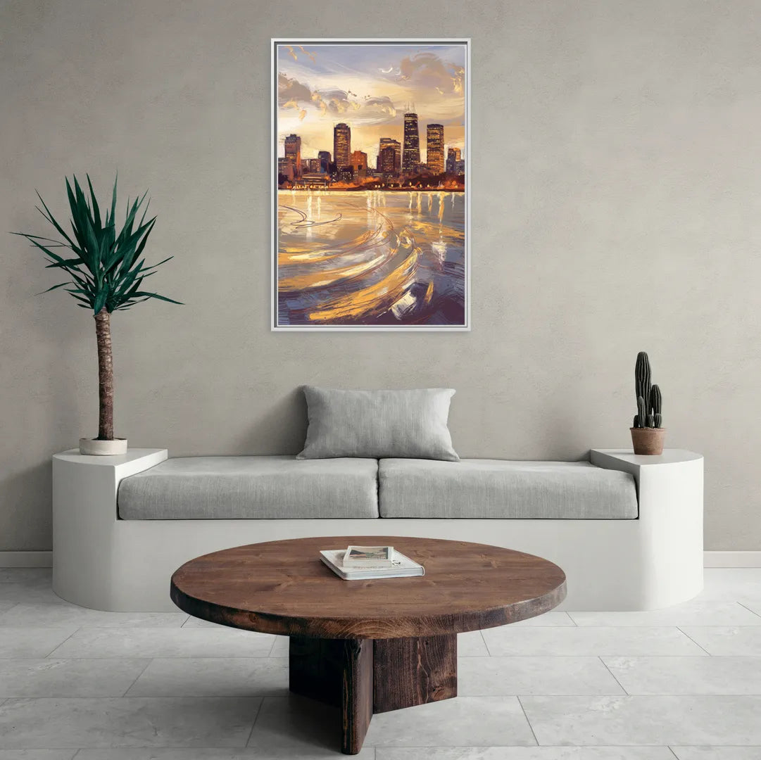 Boston Skyline with Charles River - Living Room White Frame Canvas