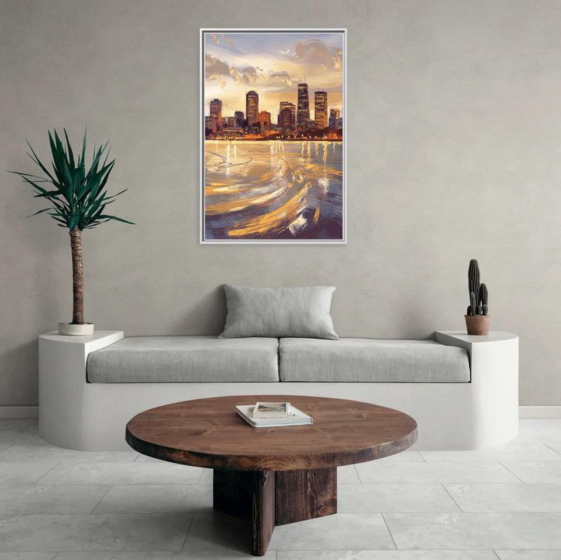 Boston Skyline with Charles River - Living Room White Frame Canvas