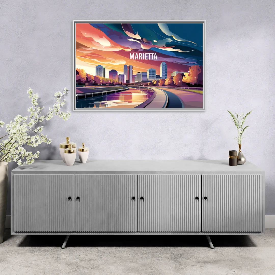 Marietta Skyline Sunset - Living Room White Frame Canvas