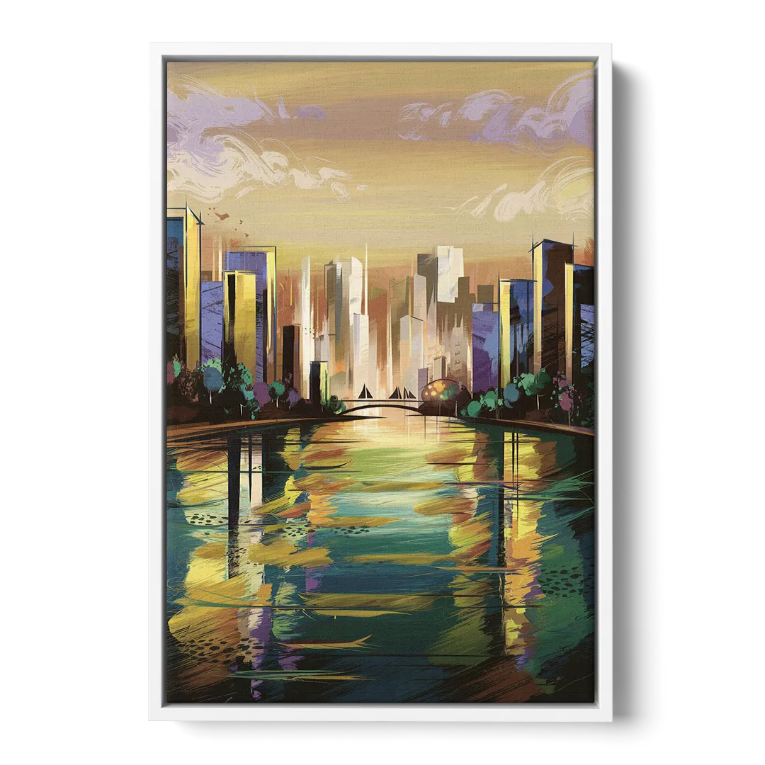 Riverside Downtown Skyline - White Frame Canvas