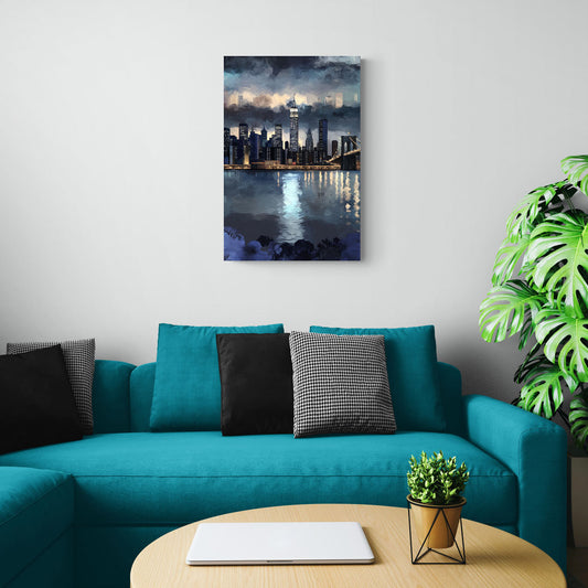 New York City Skyline in Blue Tones Hudson - Canvas Wall Art Living Room