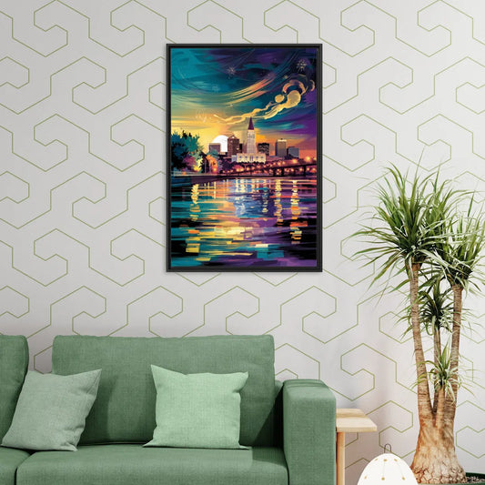 New Orleans Cityscape Reflections - Living Room Black Frame Canvas