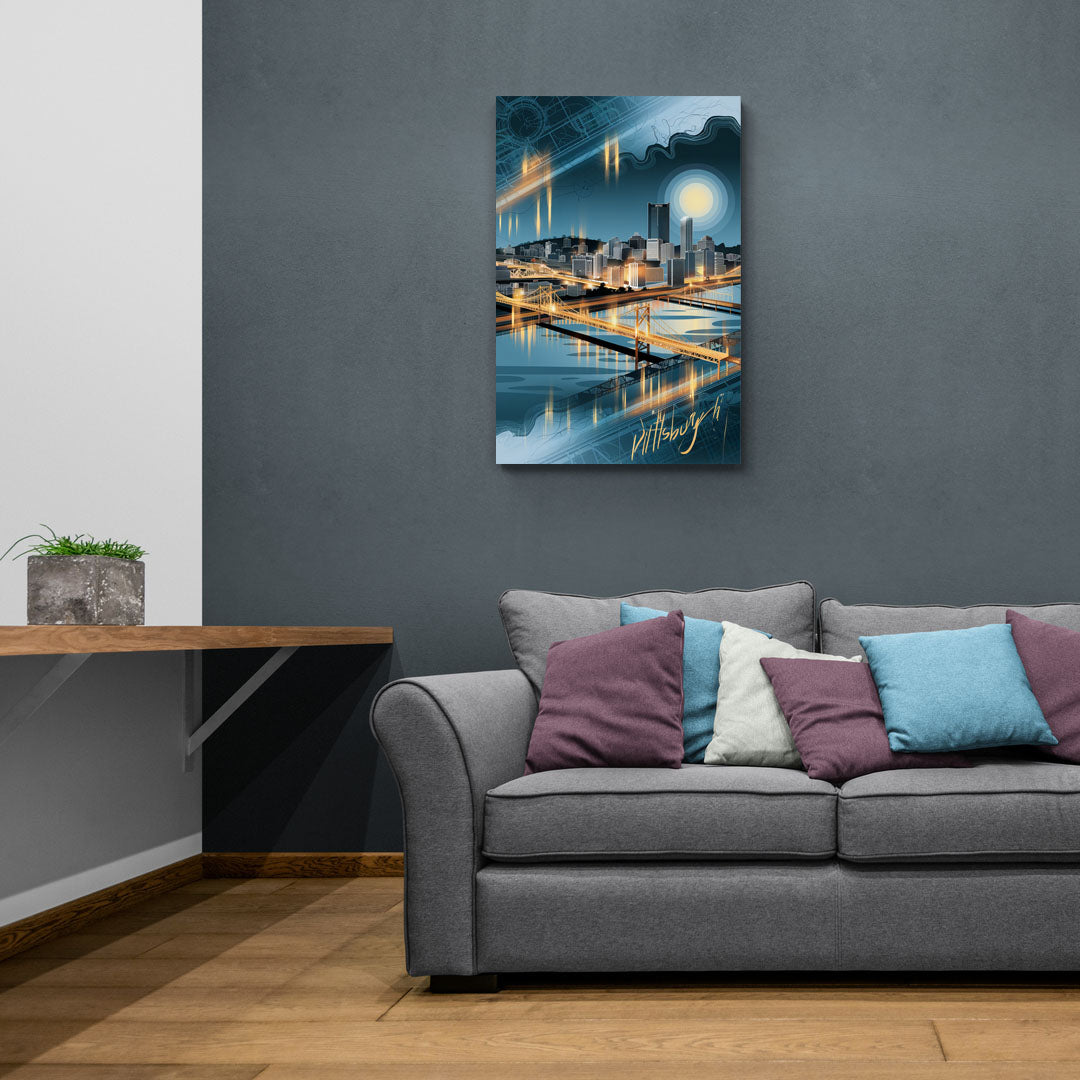 Pittsburgh Skyline and Map - Canvas Wall Art Living Room