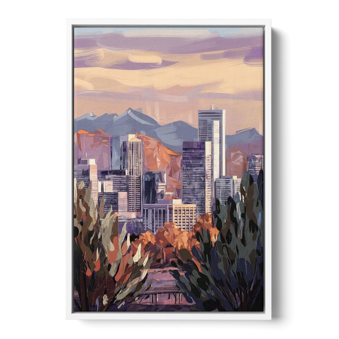 Denver Downtown Panorama - White Frame Canvas