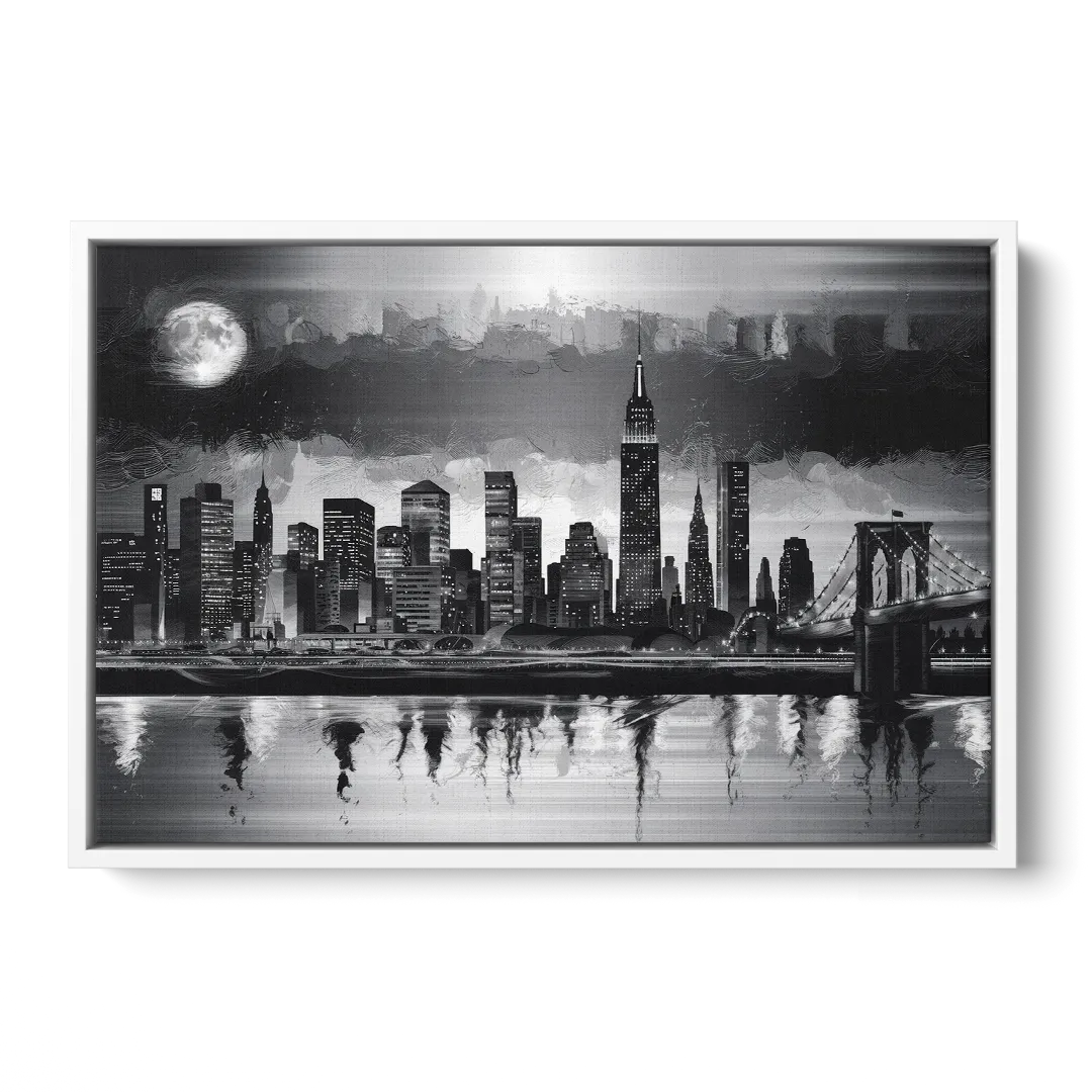 New York City Black And White Skyline - White Frame Canvas