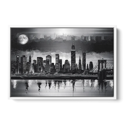 New York City Black And White Skyline - White Frame Canvas