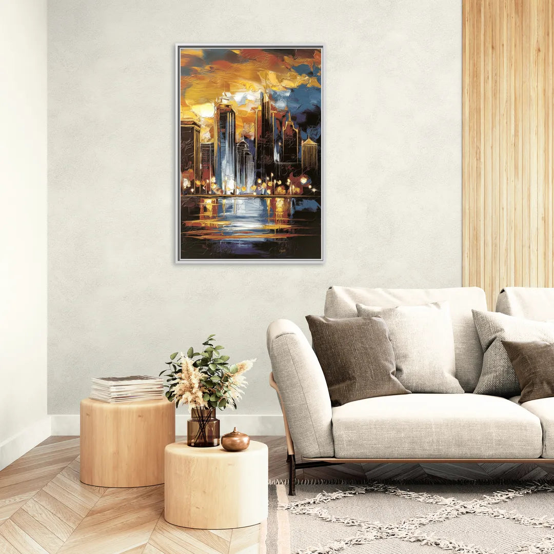 Kansas City Downtown By Night Panorama - Living Room White Frame Canvas