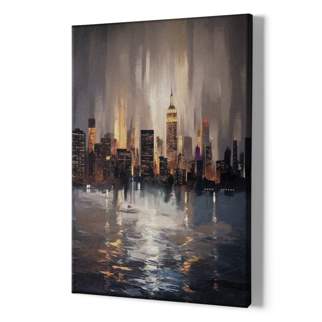 New York City Foggy Skyline Contrast Night - Canvas Print Art Sides