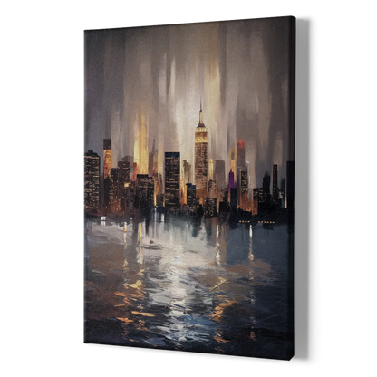 New York City Foggy Skyline Contrast Night - Canvas Print Art Sides