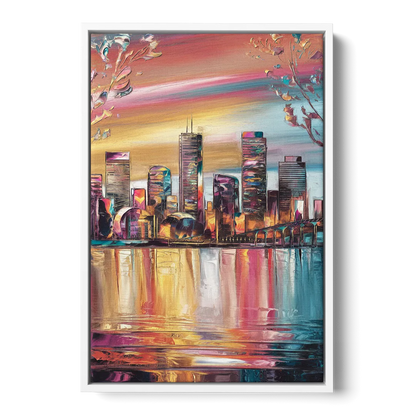 Boston Iconic Skyline Silhouette - White Frame Canvas