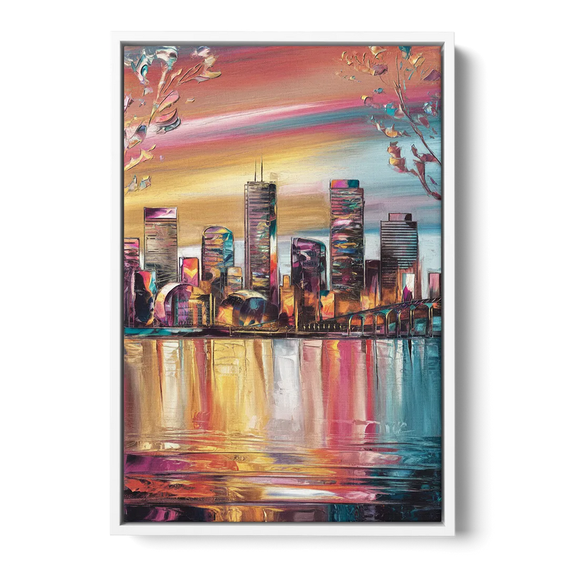 Boston Iconic Skyline Silhouette - White Frame Canvas
