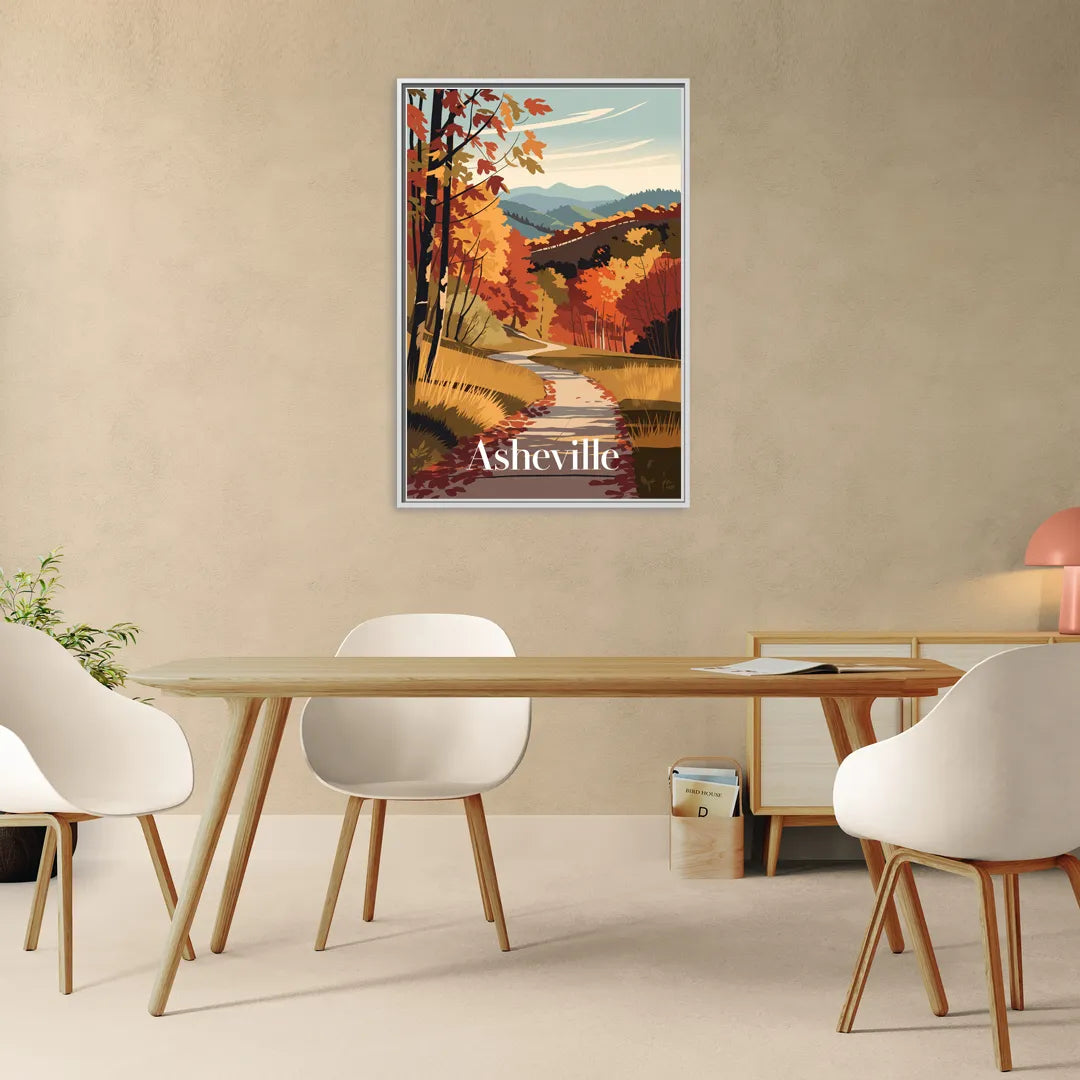 Asheville Fall Foliage Scene - Living Room White Frame Canvas