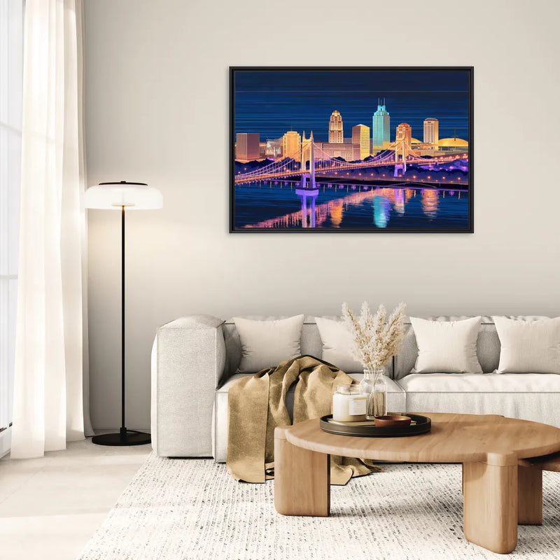Cincinnati Nighttime Skyline - Living Room Black Frame Canvas