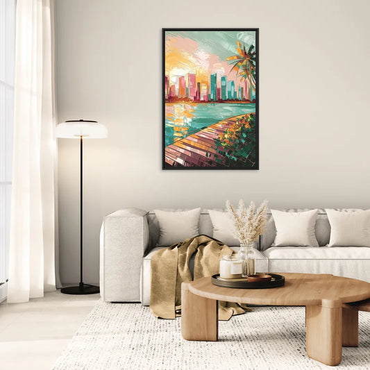 Miami Sunrise Over Water - Living Room Black Frame Canvas