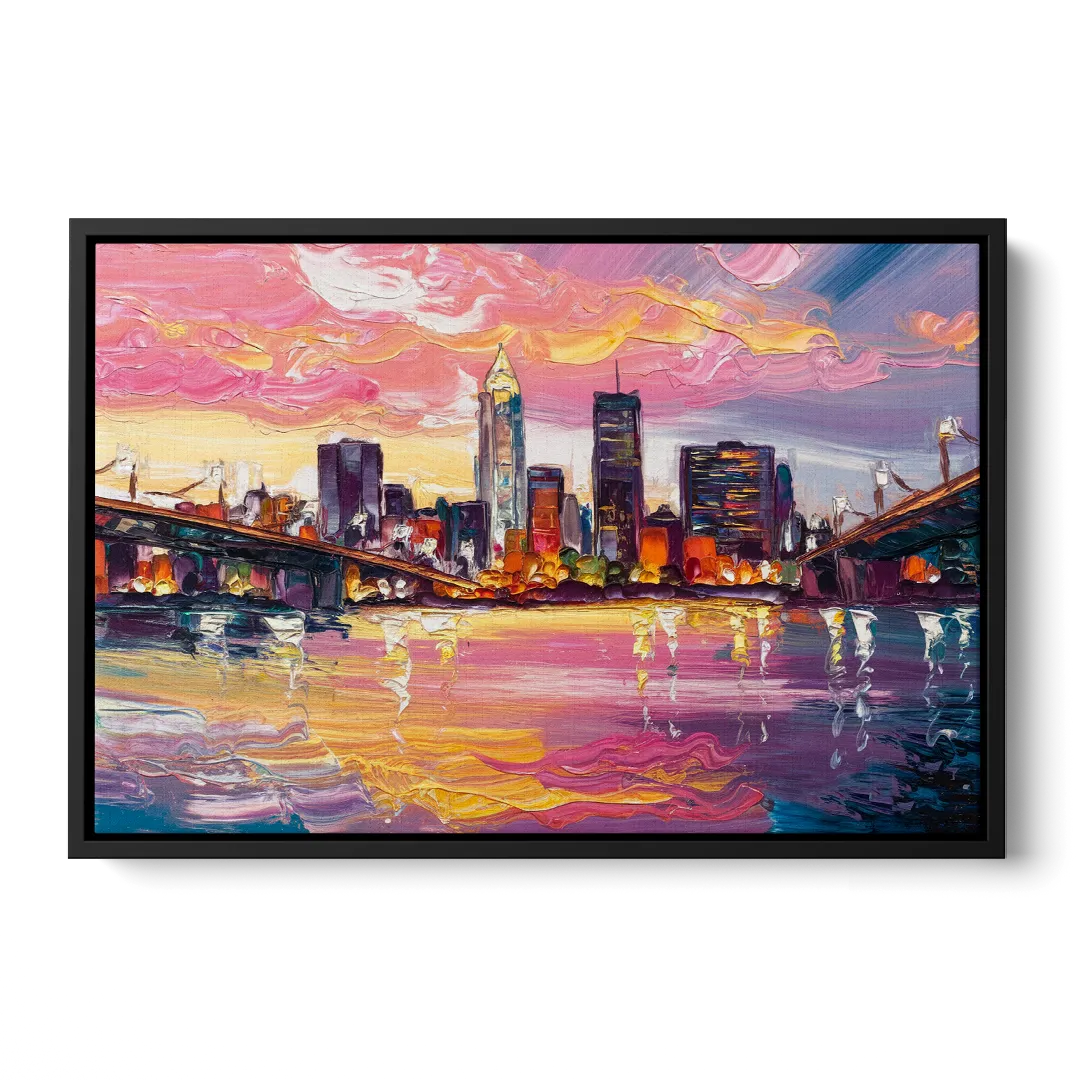 Cleveland Skyline At Sunset - Black Frame Canvas