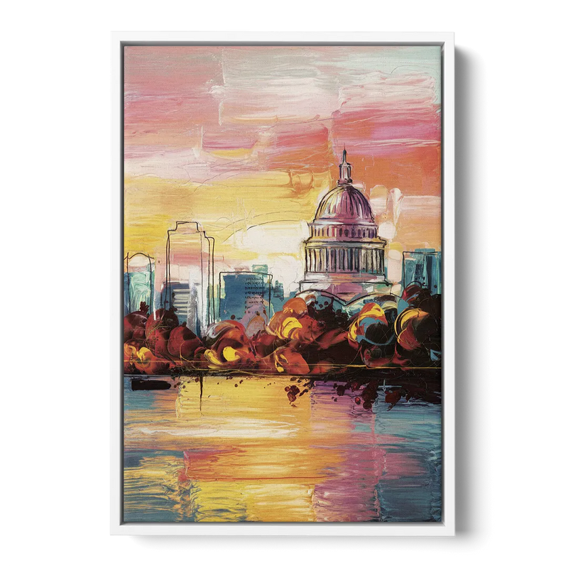 Madison Skyline at Sunset - White Frame Canvas