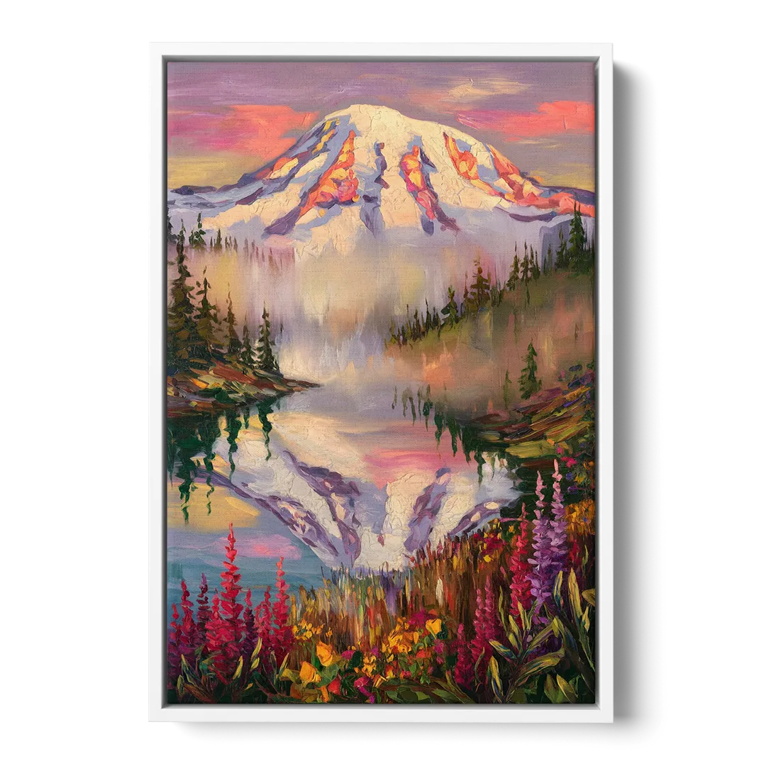 Tacoma Mount Rainier Reflection - White Frame Canvas