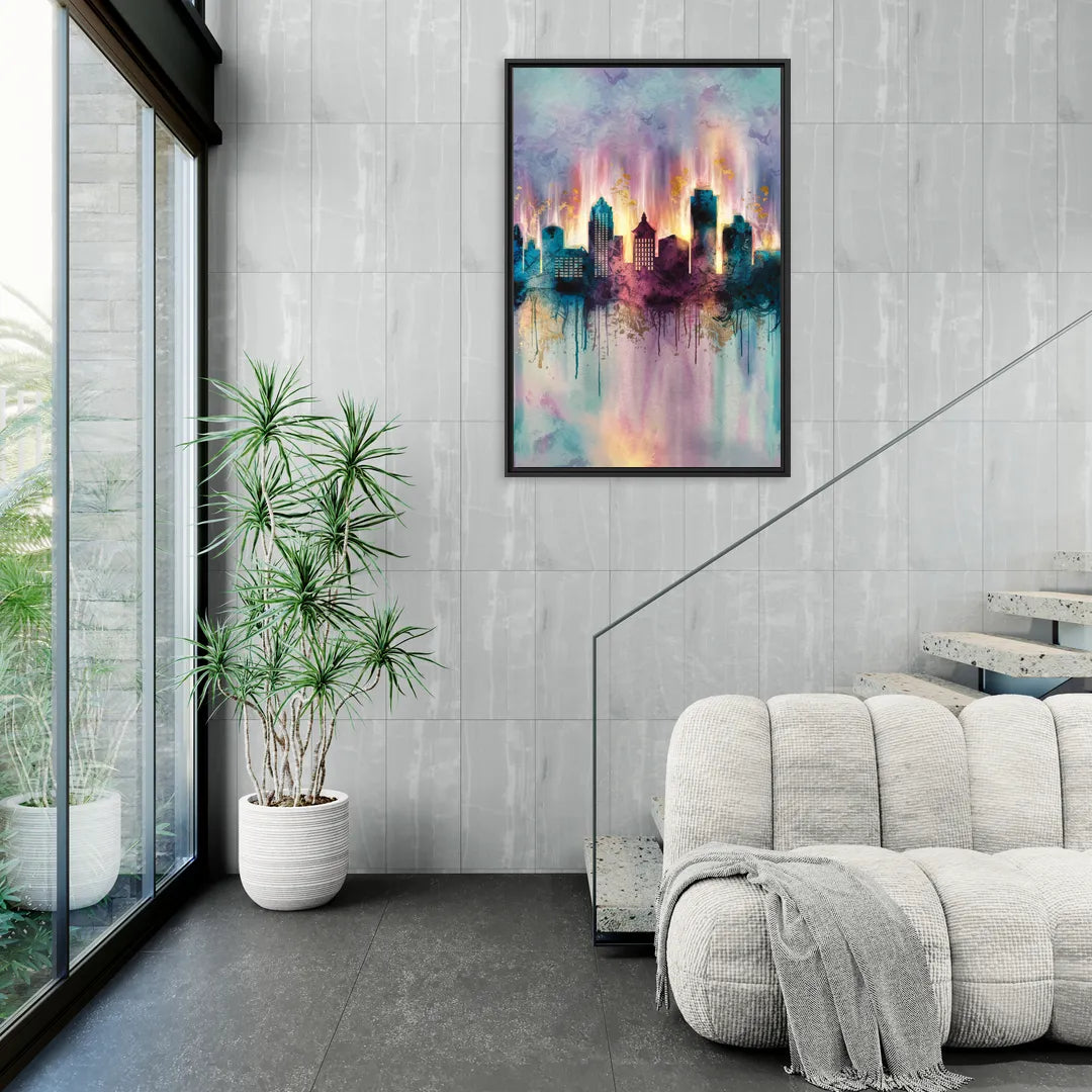 Richmond Skyline Glow - Living Room Black Frame Canvas
