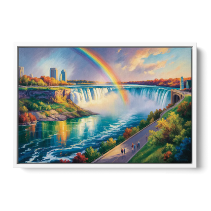 Rainbow Over Niagara Falls - White Frame Canvas