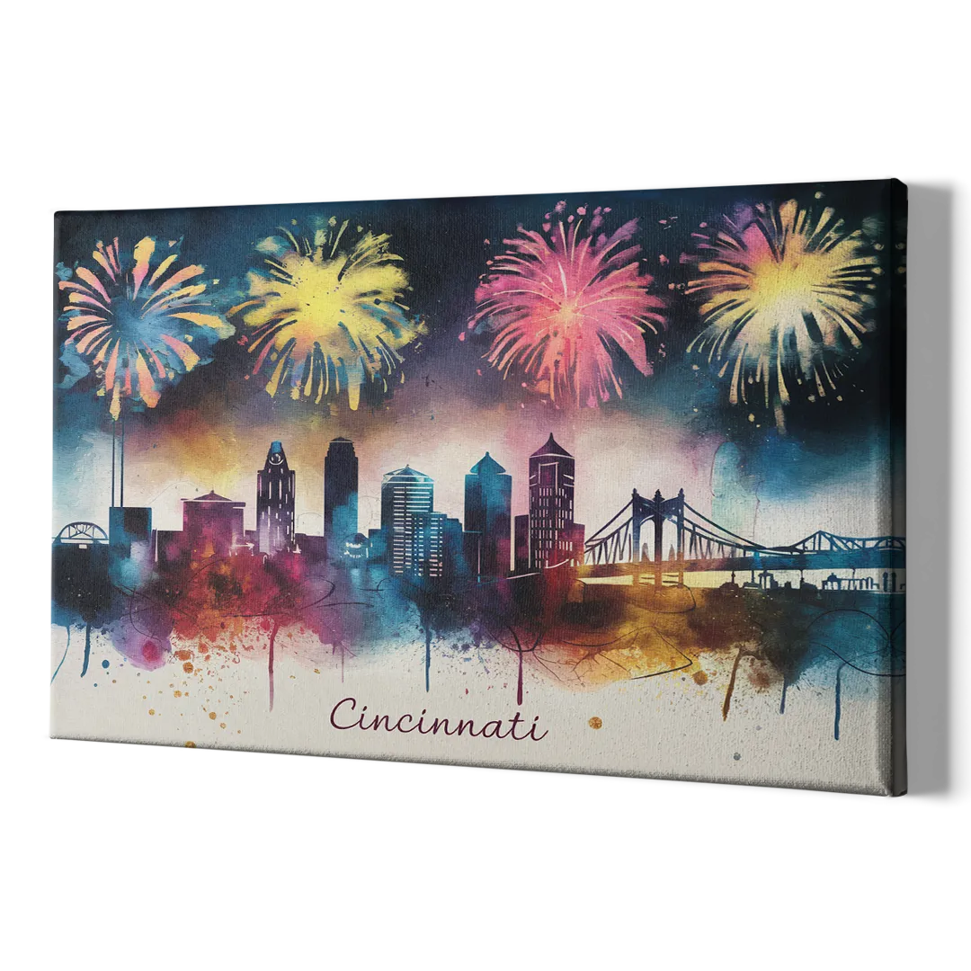 Cincinnati Skyline With Fireworks - Canvas Print Art Sides