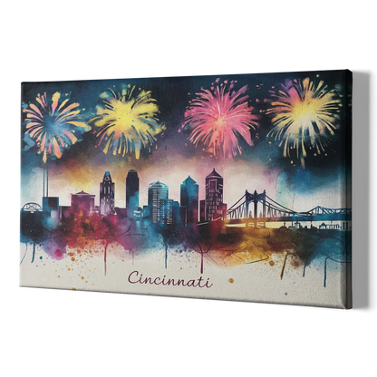 Cincinnati Skyline With Fireworks - Canvas Print Art Sides
