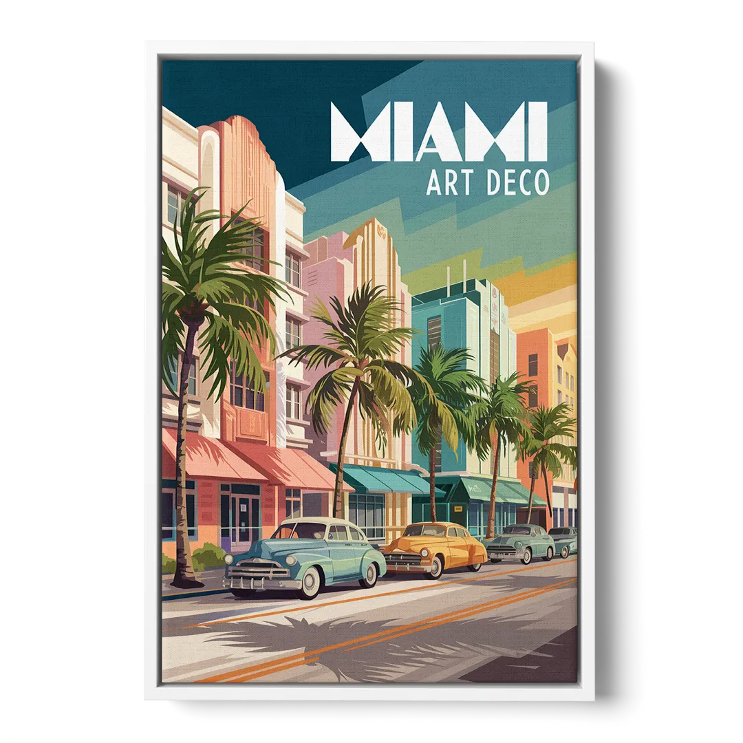 Miami Art Deco District - White Frame Canvas