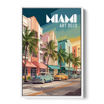 Miami Art Deco District - White Frame Canvas