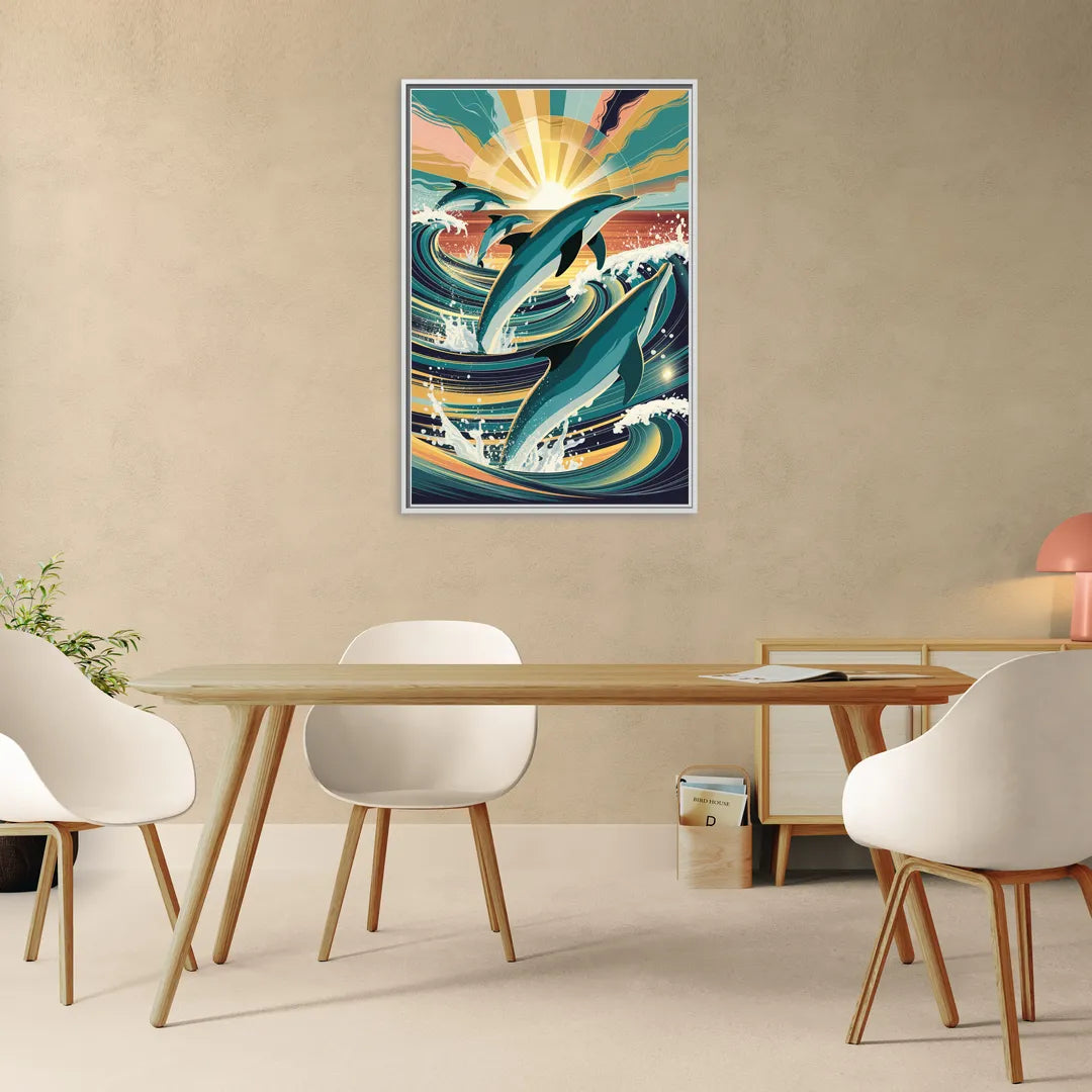 Virginia Beach Dolphins in Motion - Living Room White Frame Canvas