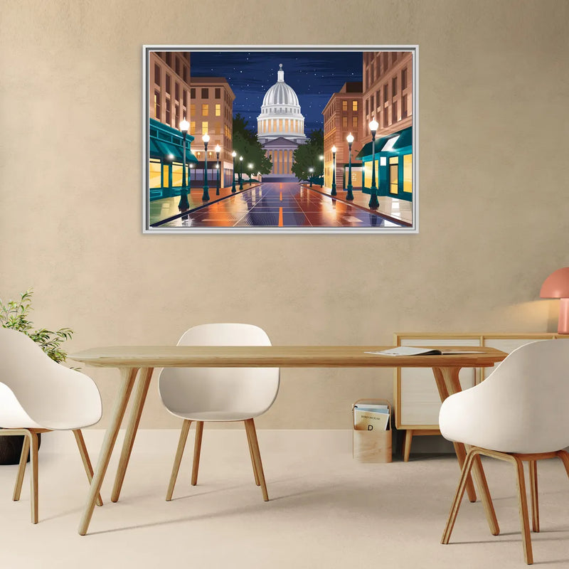 Madison Capitol Square Nights - Living Room White Frame Canvas