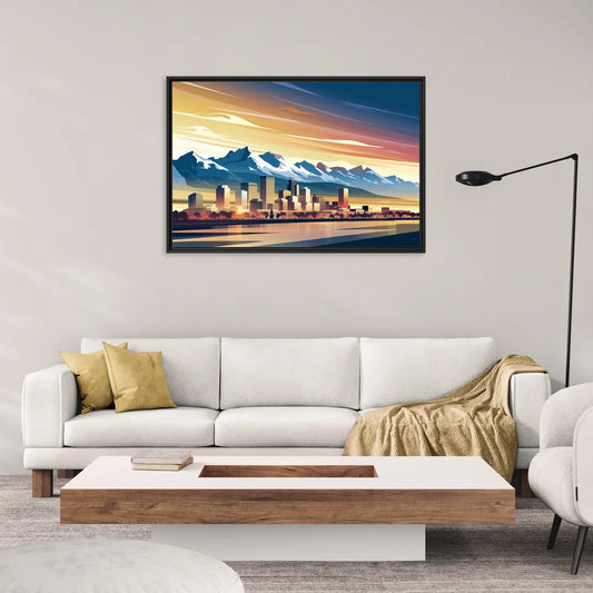 Denver Sunset Over Rockies - Living Room Black Frame Canvas
