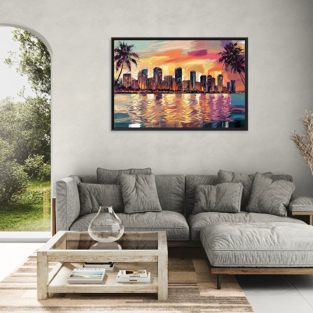 Miami Skyline At Sunset - Living Room Black Frame Canvas