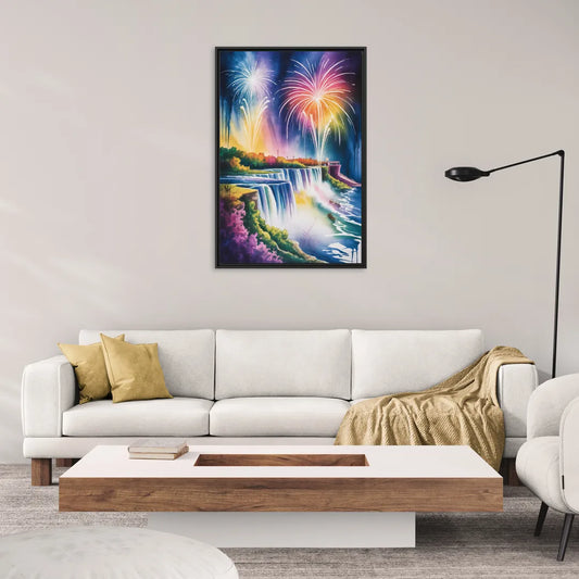 Niagara Falls Fireworks Show - Living Room Black Frame Canvas