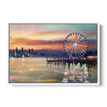 Seattle Harbor With Ferris Wheel - White Frame Canvas