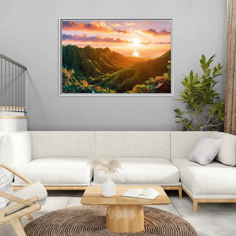 Honolulu Sunset Over Mountains - Living Room White Frame Canvas