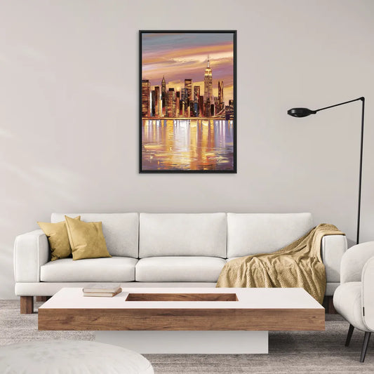New York City Skyline at Dusk - Living Room Black Frame Canvas