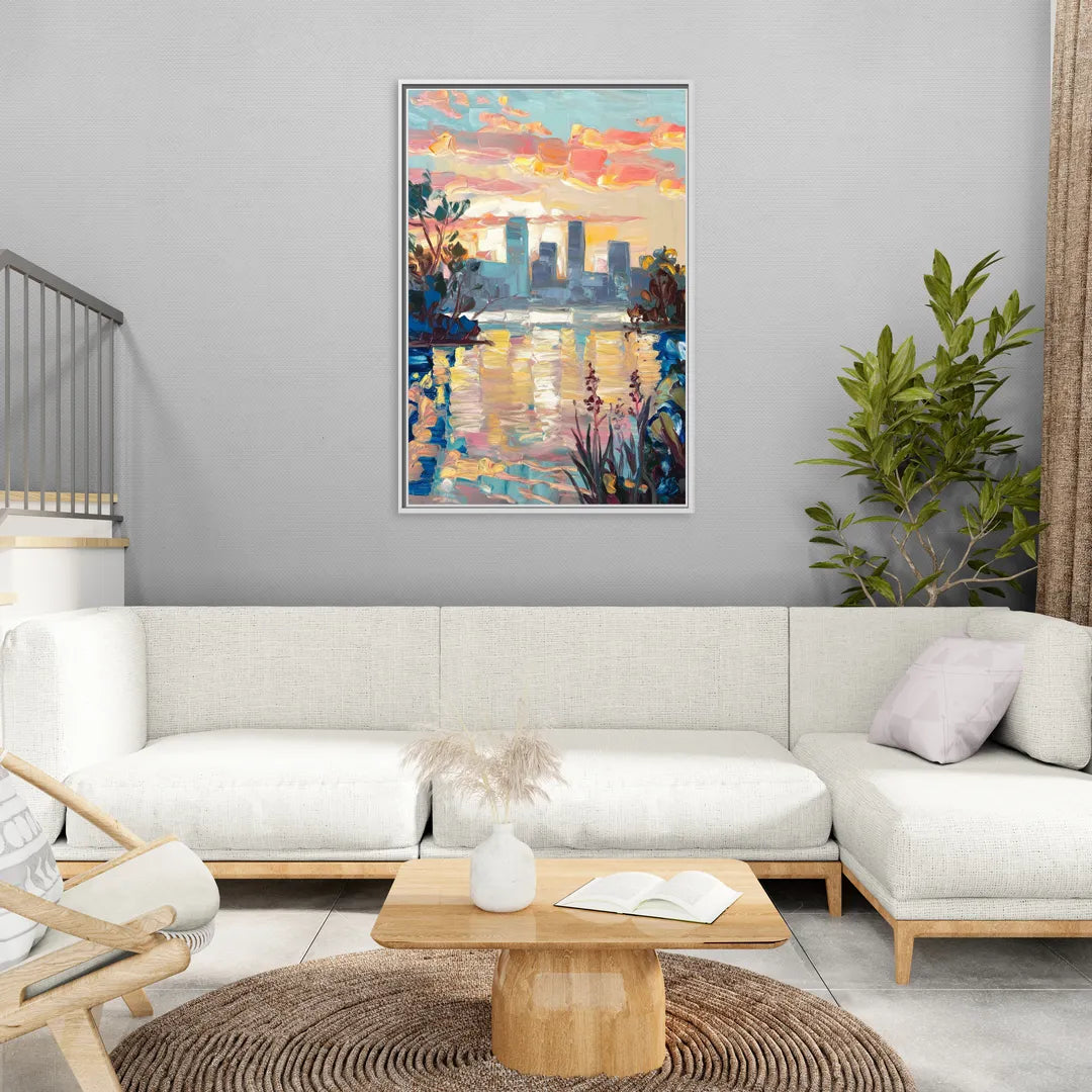 Buffalo Waterfront Sunrise - Living Room White Frame Canvas