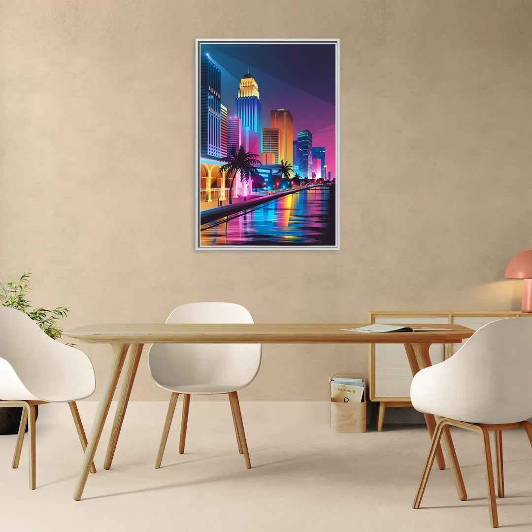 Miami Cityscape by Night - Living Room White Frame Canvas